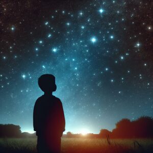Child's silhouette watching stars