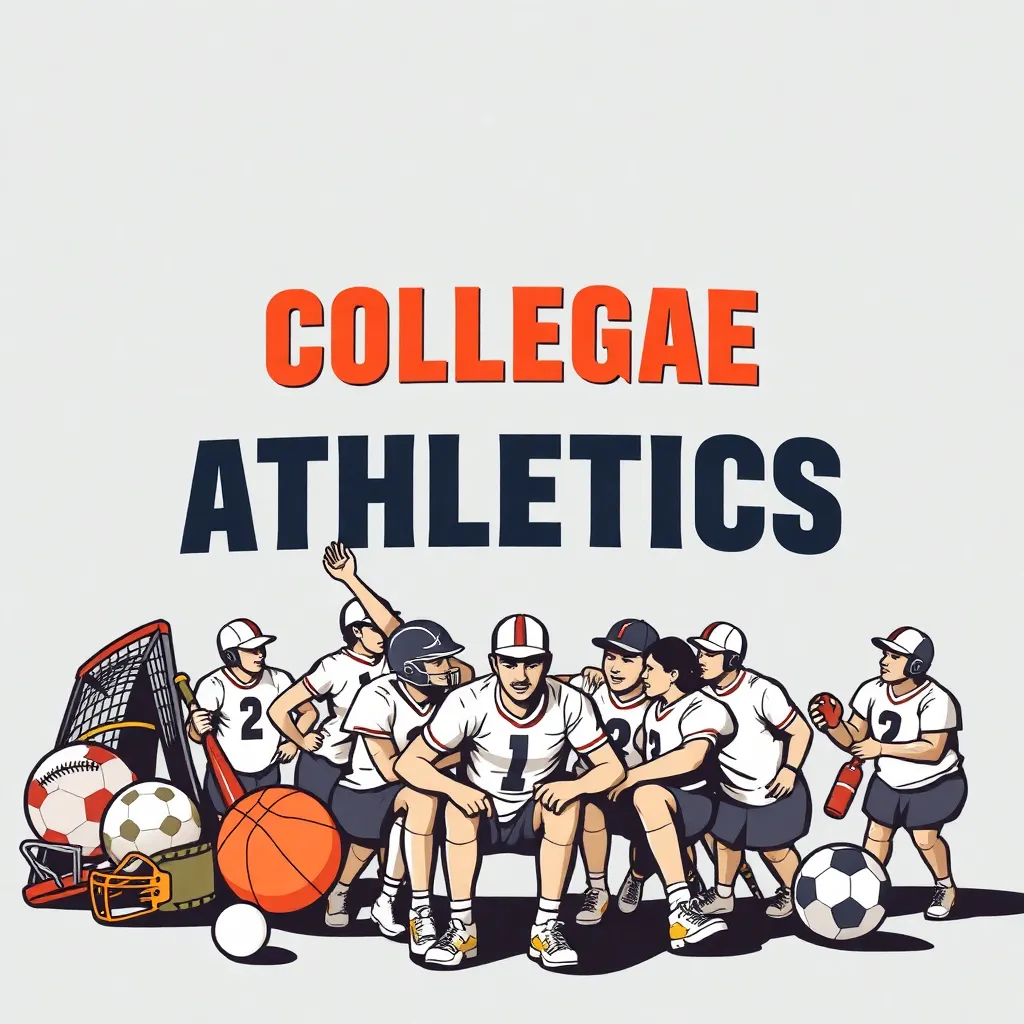 Collegiate athletics banner with sports equipment and teamwork.