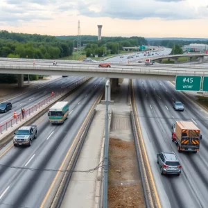 Construction at the Memorial Parkway/I-565 interchange in Huntsville, Alabama