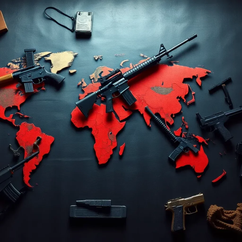 Illustration of arms trafficking depicting global smuggling routes.