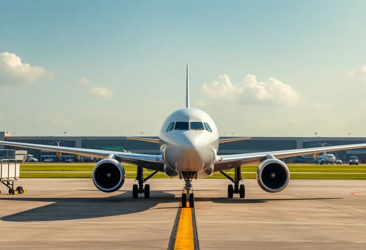 Breeze Airways Airbus A220-300 parked at Mobile International Airport