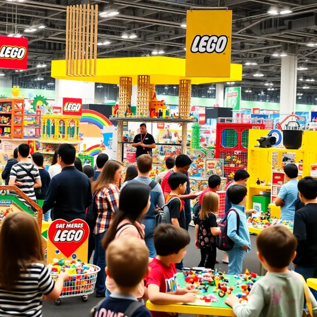 Families enjoying the BrickUniverse LEGO Convention with colorful displays