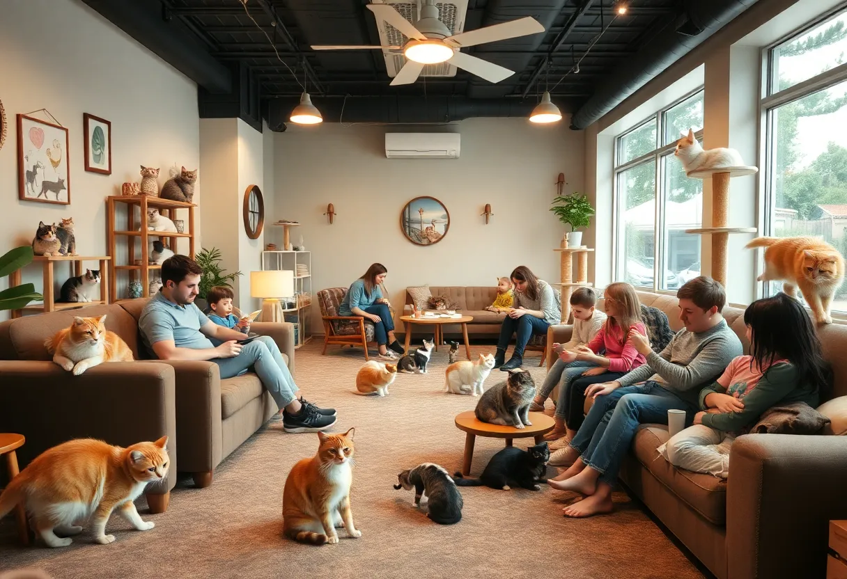 Families enjoying a cozy time at Cattyshack Lounge with adorable cats.