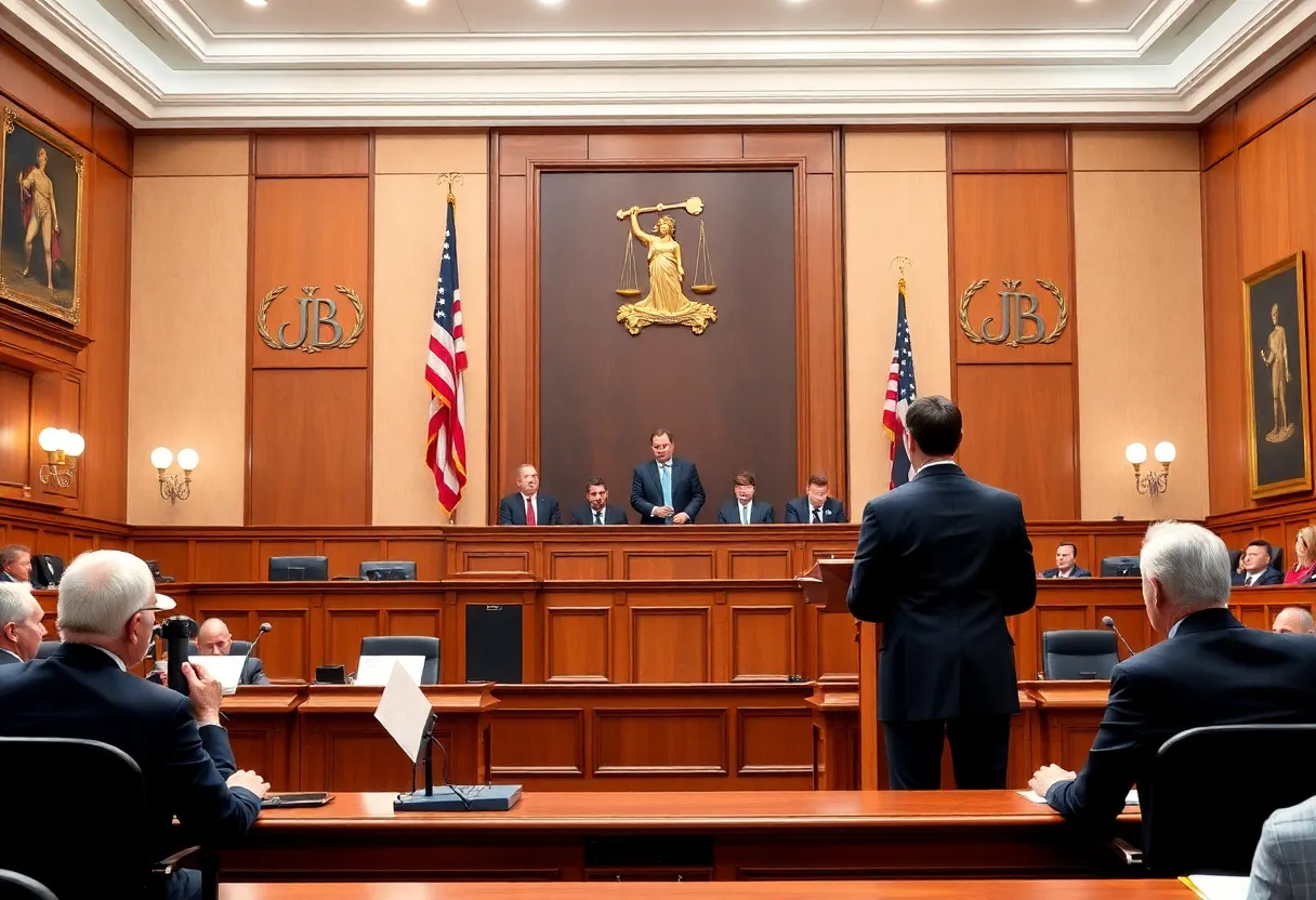 Courtroom illustration symbolizing legal proceedings