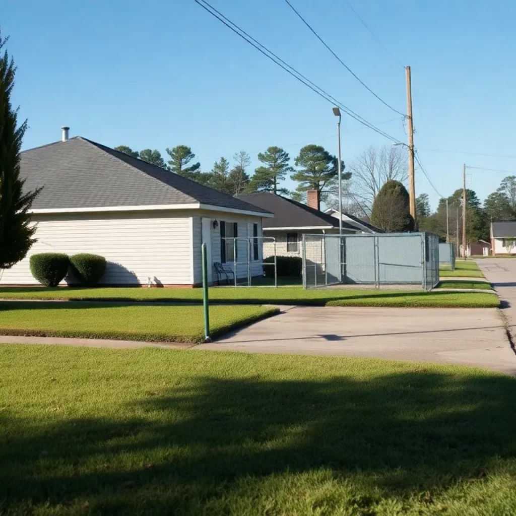 Quiet neighborhood in Gurley, Alabama with an empty dog kennel