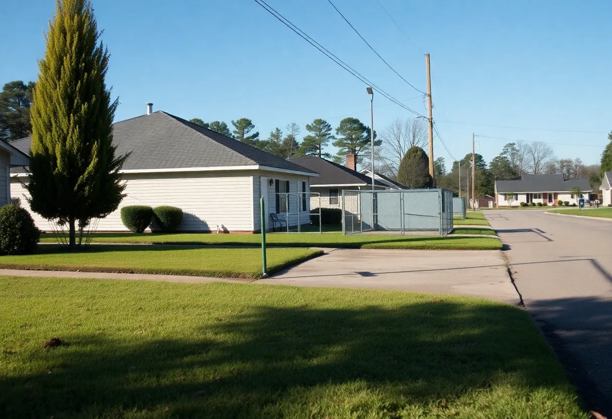 Quiet neighborhood in Gurley, Alabama with an empty dog kennel