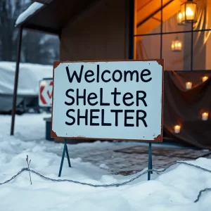Sign of First Stop overnight shelter amidst snowy surroundings