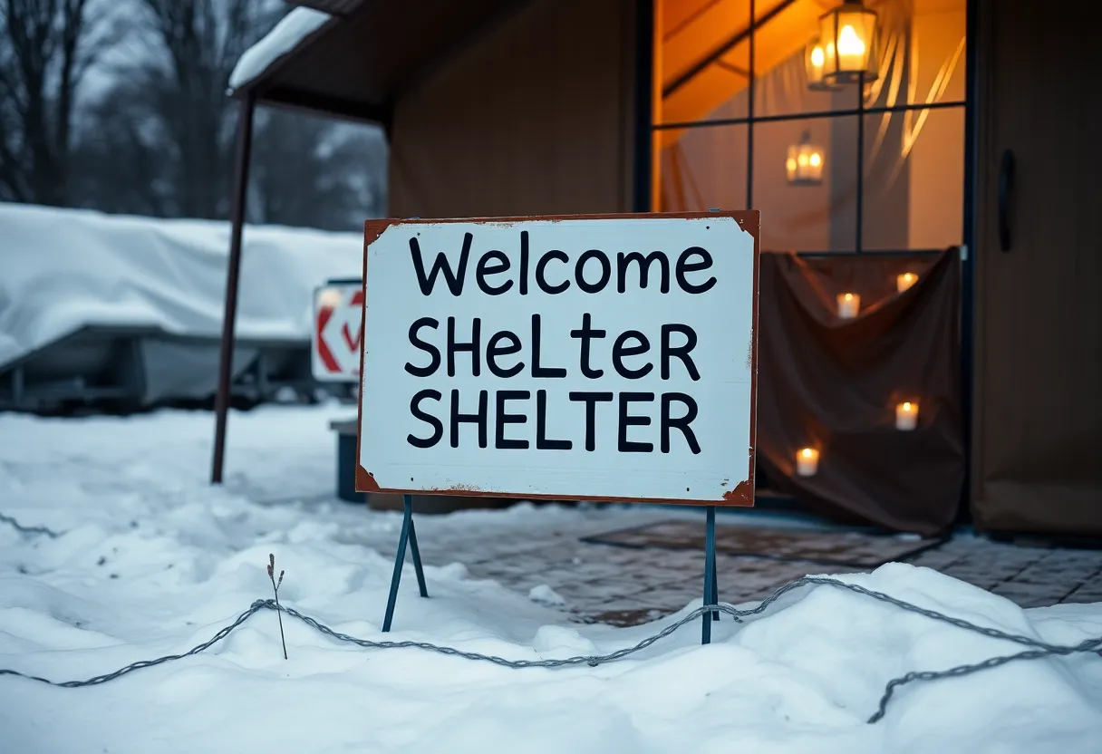 Sign of First Stop overnight shelter amidst snowy surroundings