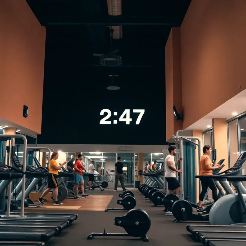 Fitness center with diverse equipment and people working out at night