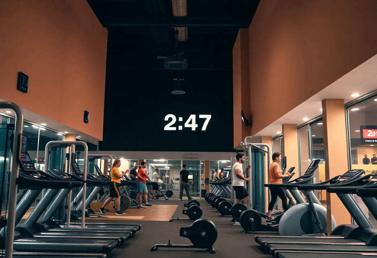 Fitness center with diverse equipment and people working out at night