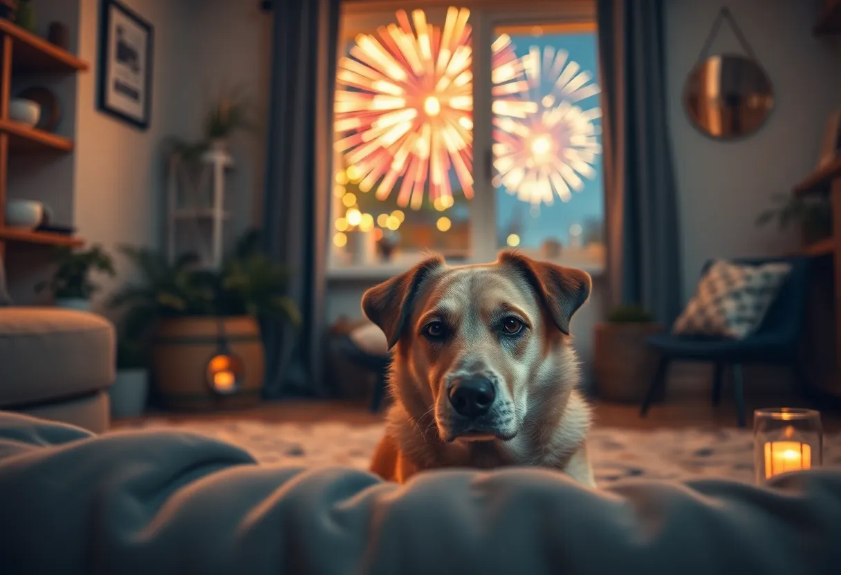 A calm dog in a safe home environment during fireworks.