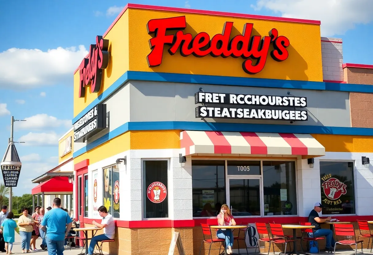 Exterior view of Freddy's Frozen Custard & Steakburgers in Huntsville with outdoor seating