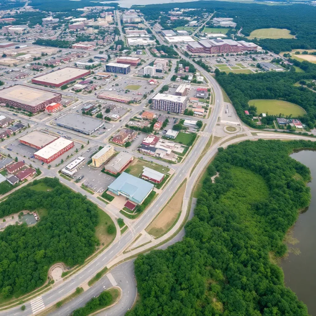 Aerial view of Huntsville showing urban development and natural spaces.