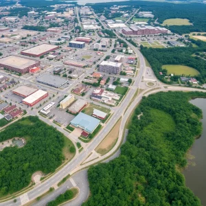 Aerial view of Huntsville showing urban development and natural spaces.