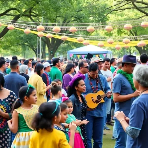 Families celebrating Black History Month at a Mardi Gras event in Huntsville.