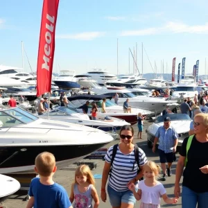 Crowd enjoying the Huntsville Boat Show with colorful boats on display.