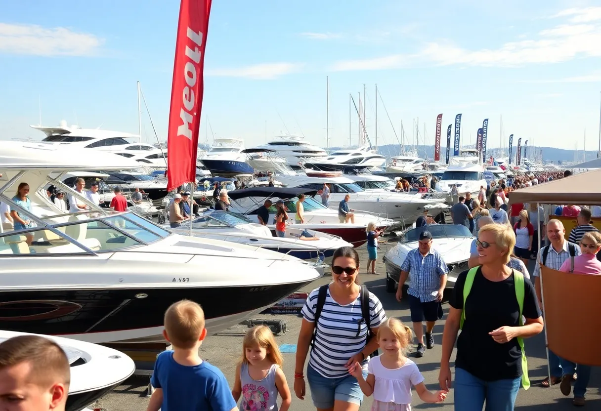 Crowd enjoying the Huntsville Boat Show with colorful boats on display.