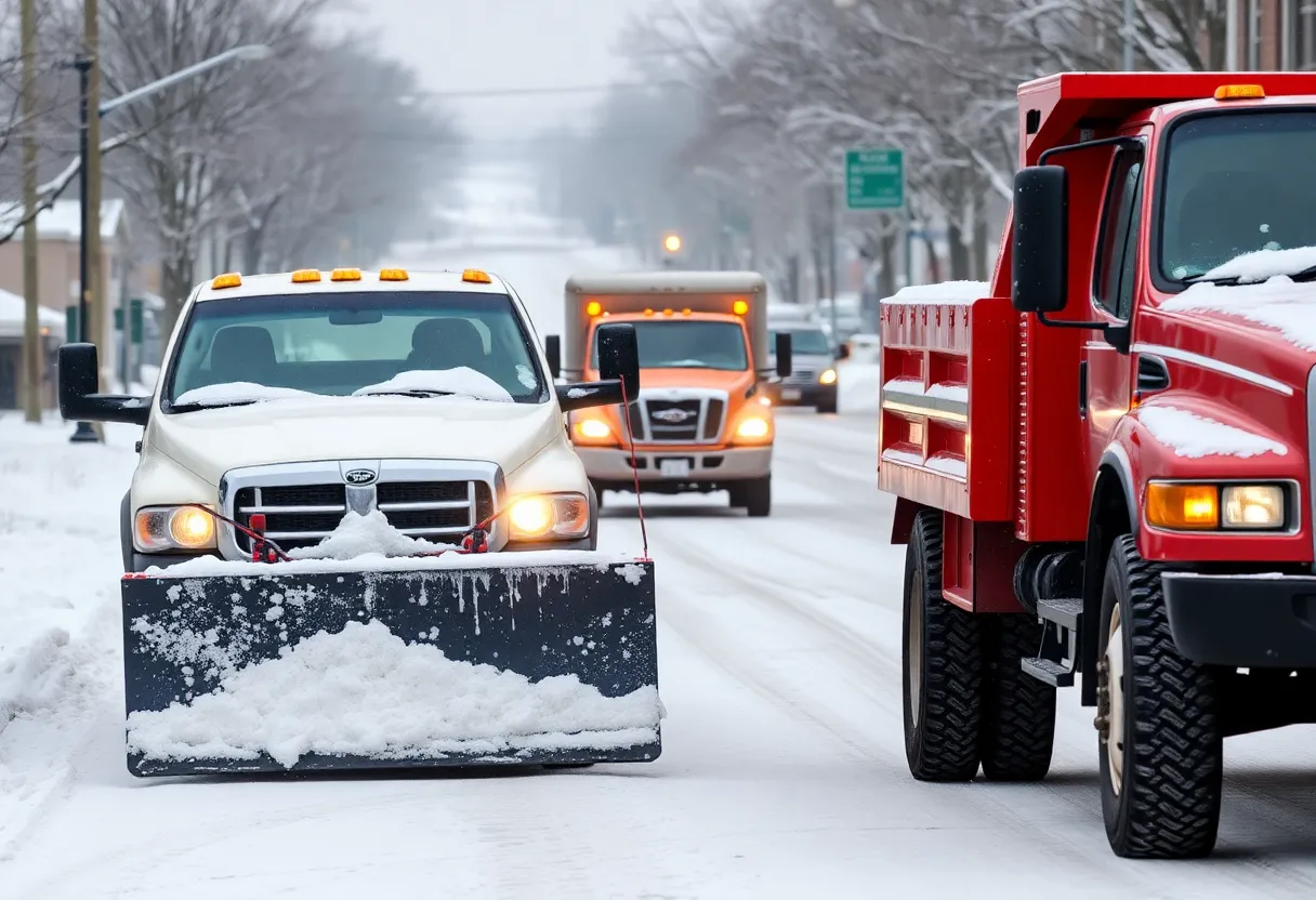 Snow-covered street in Huntsville, Alabama with snow plow trucks