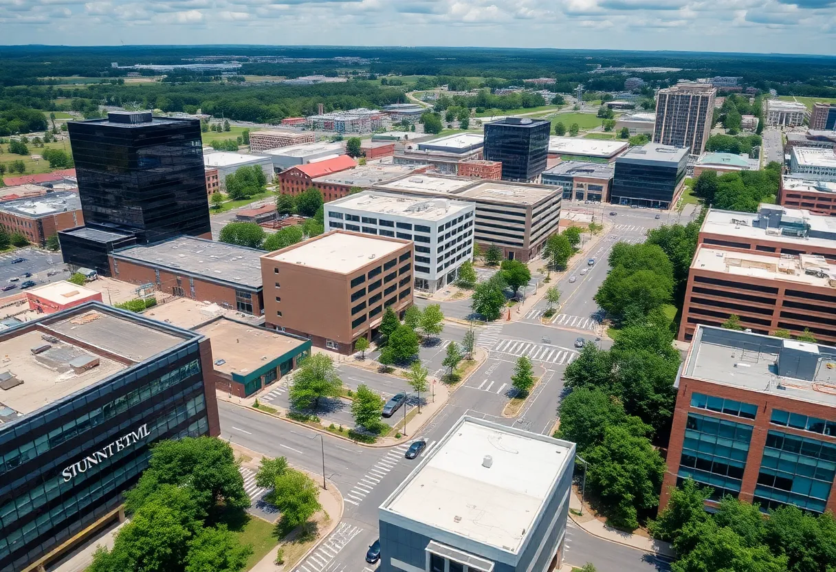 A vibrant view of Huntsville's commercial area showcasing modern structures and greenery.