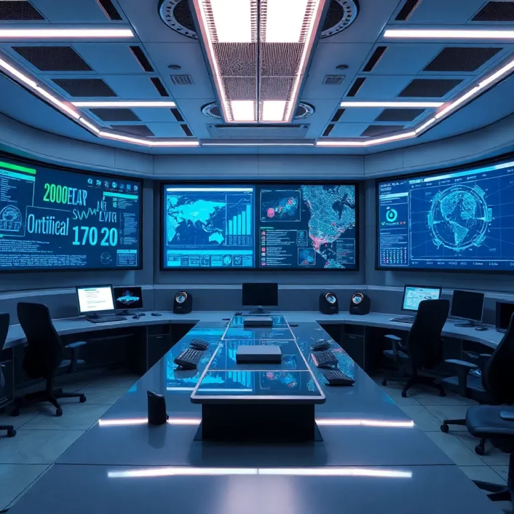 A high-tech cybersecurity control room in Huntsville with data screens