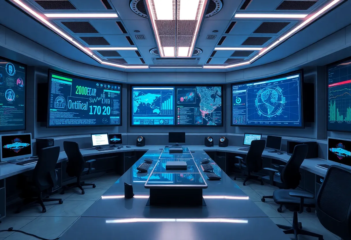 A high-tech cybersecurity control room in Huntsville with data screens