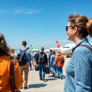 Travelers at Huntsville International Airport boarding a Breeze Airways flight