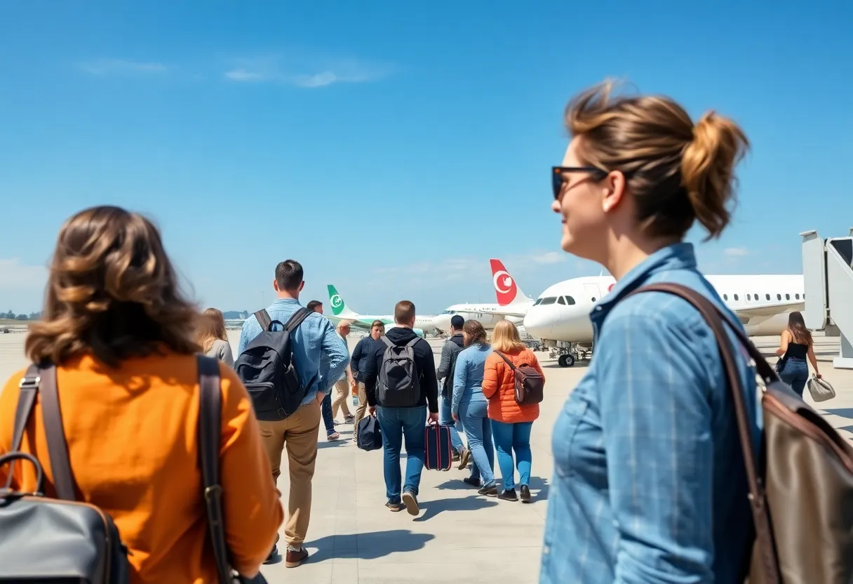 Travelers at Huntsville International Airport boarding a Breeze Airways flight
