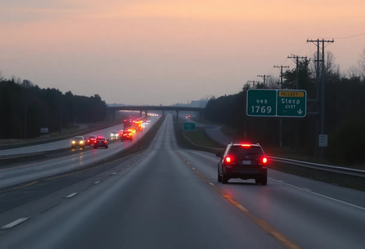Empty stretch of Interstate 565 in Huntsville with emergency vehicles