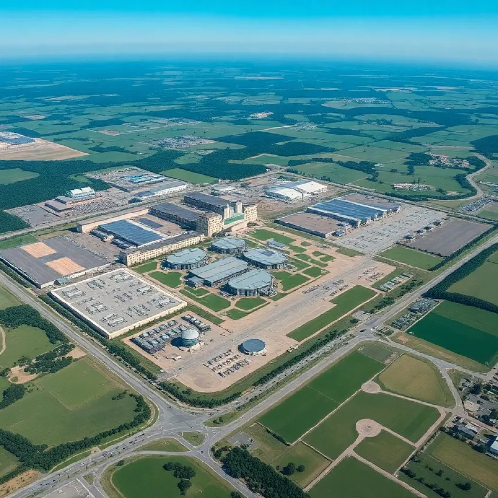Aerial view of Huntsville military installation with advanced technology.