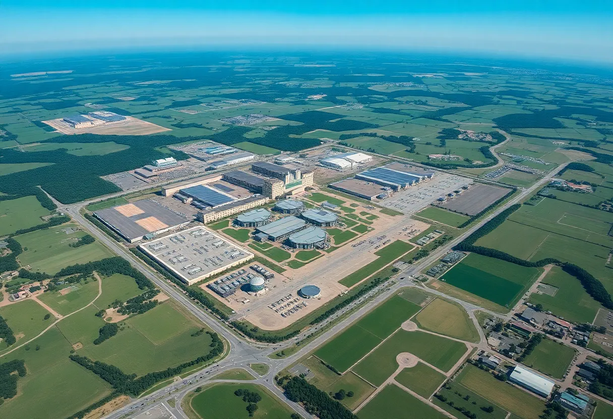 Aerial view of Huntsville military installation with advanced technology.