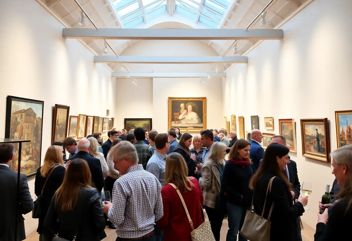 Guests enjoying wine and art at the Huntsville Museum of Art