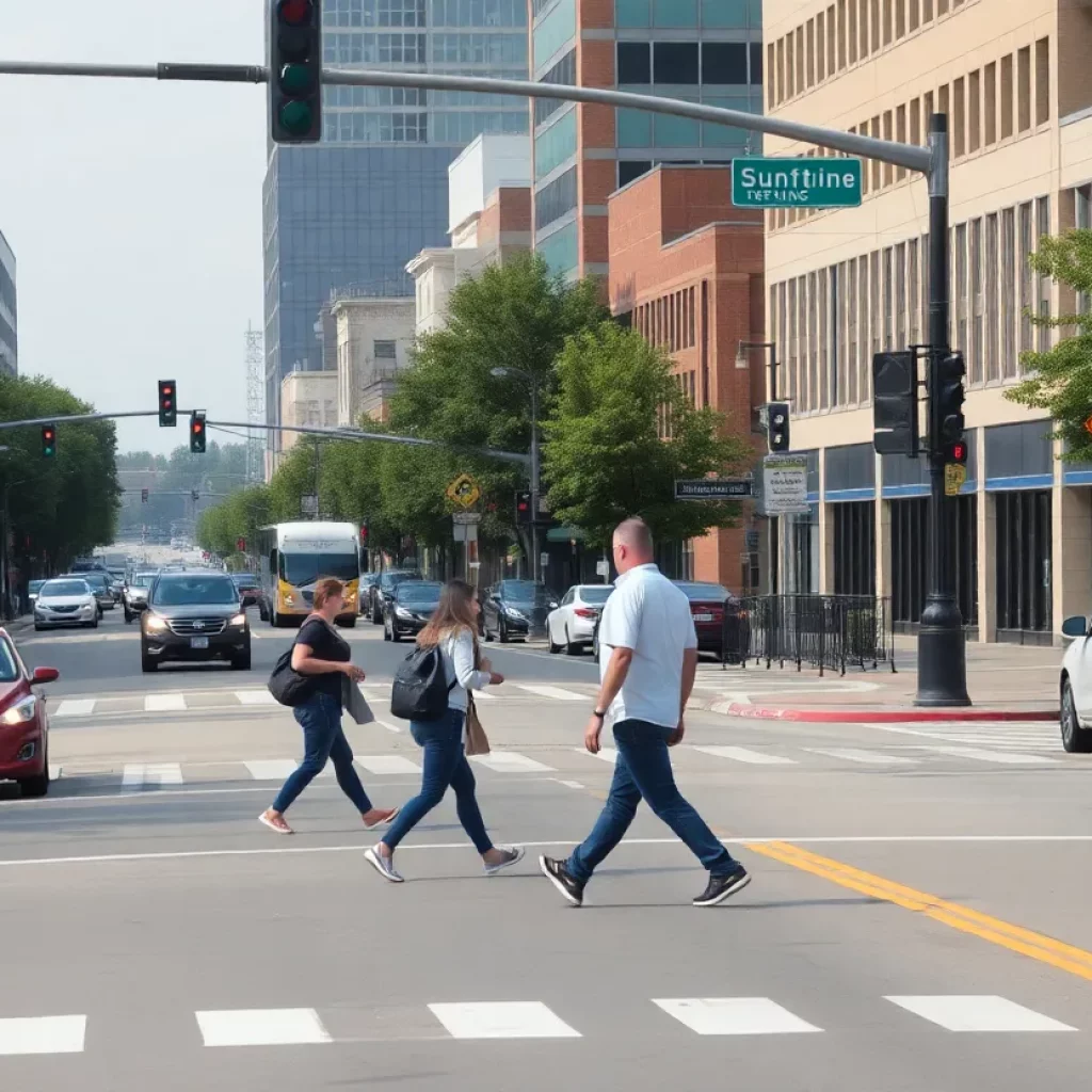 Pedestrians crossing a busy street in Huntsville