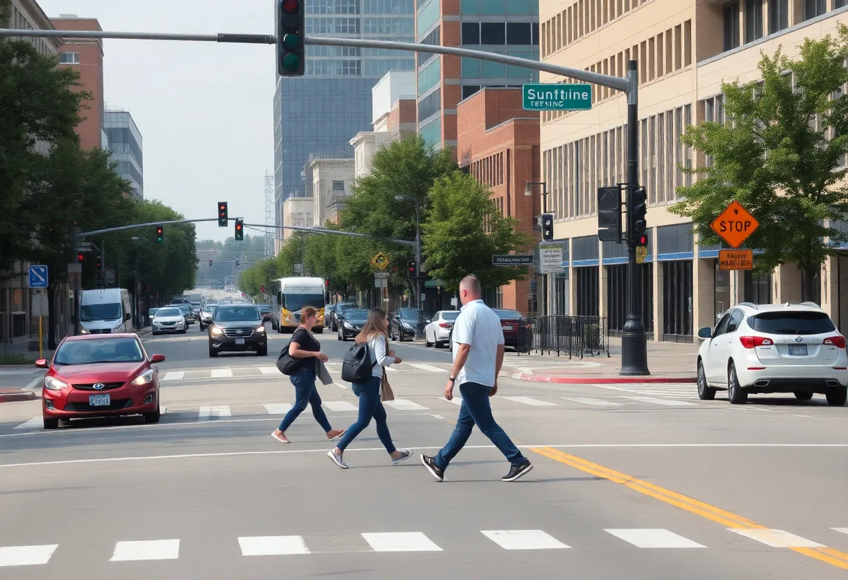 Pedestrians crossing a busy street in Huntsville