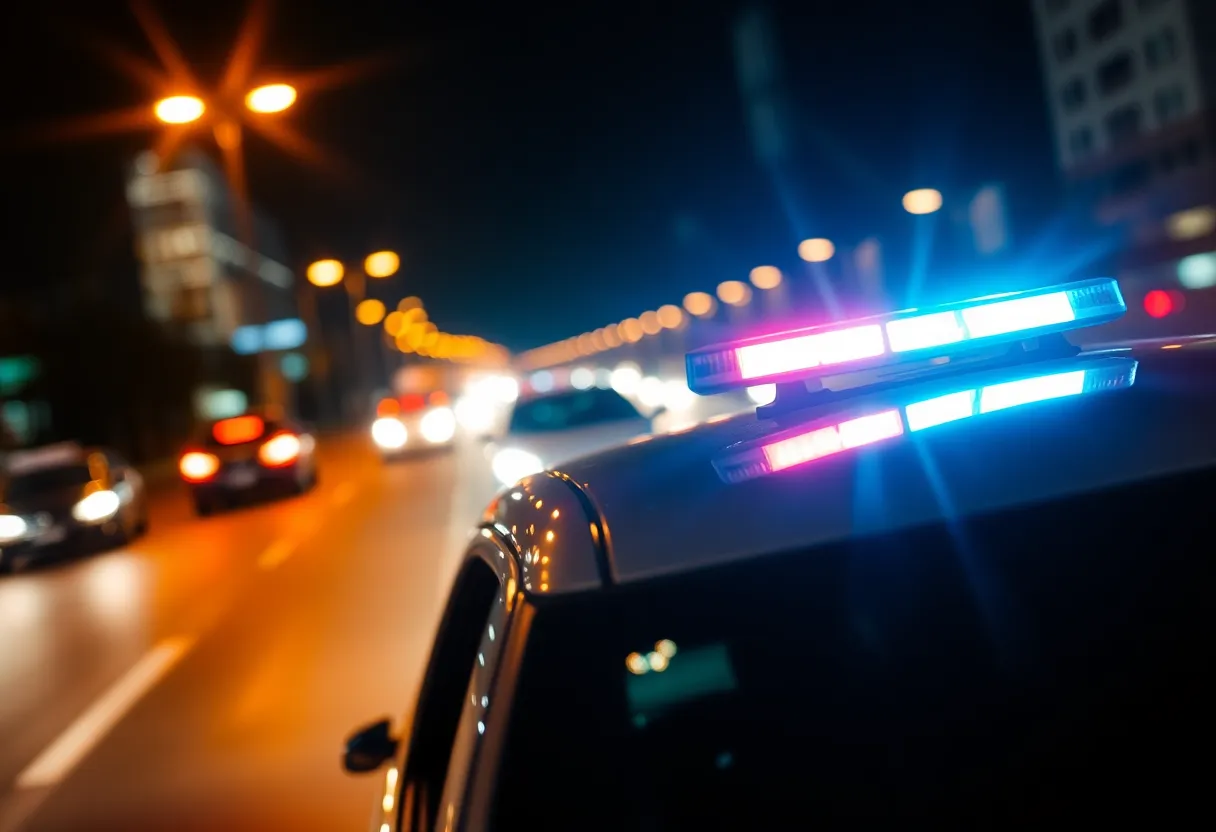 Police car in a high-speed chase during nighttime