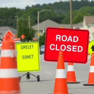 Road closure sign and construction cones on a street in Huntsville.