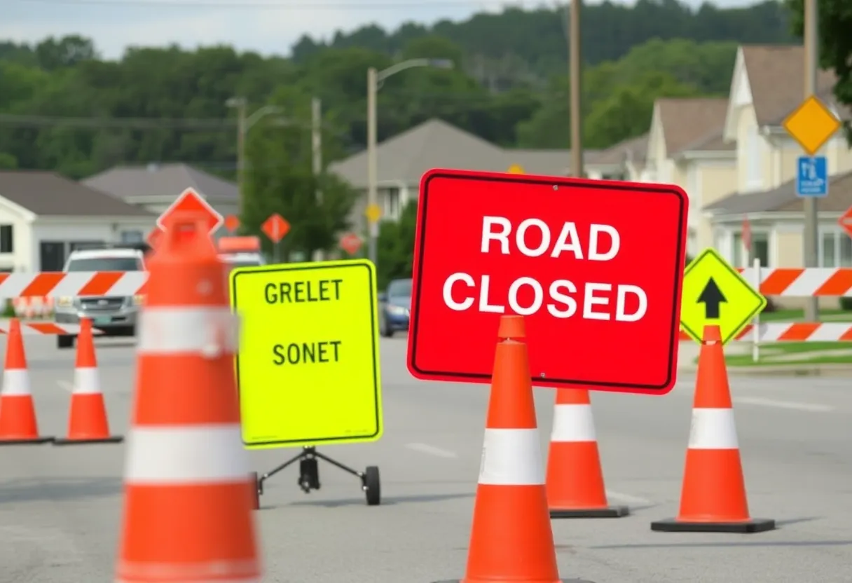 Road closure sign and construction cones on a street in Huntsville.