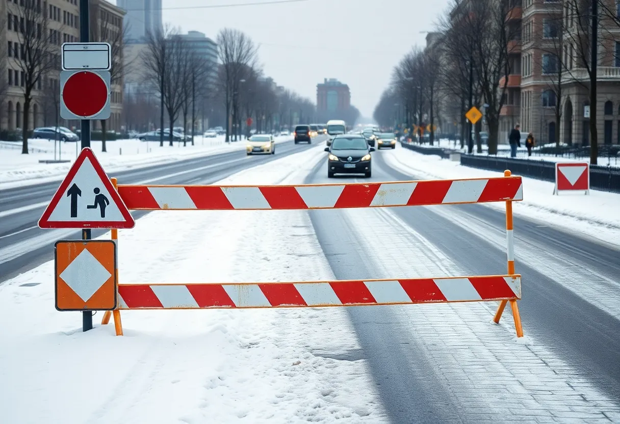 A snowy road with a barricade and warning signs for road safety in Huntsville.