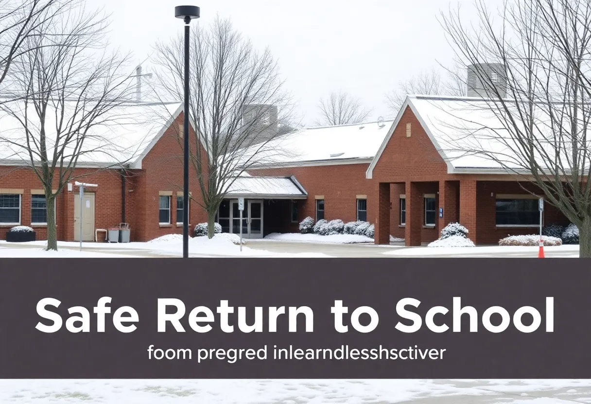 Huntsville school building with snow in winter