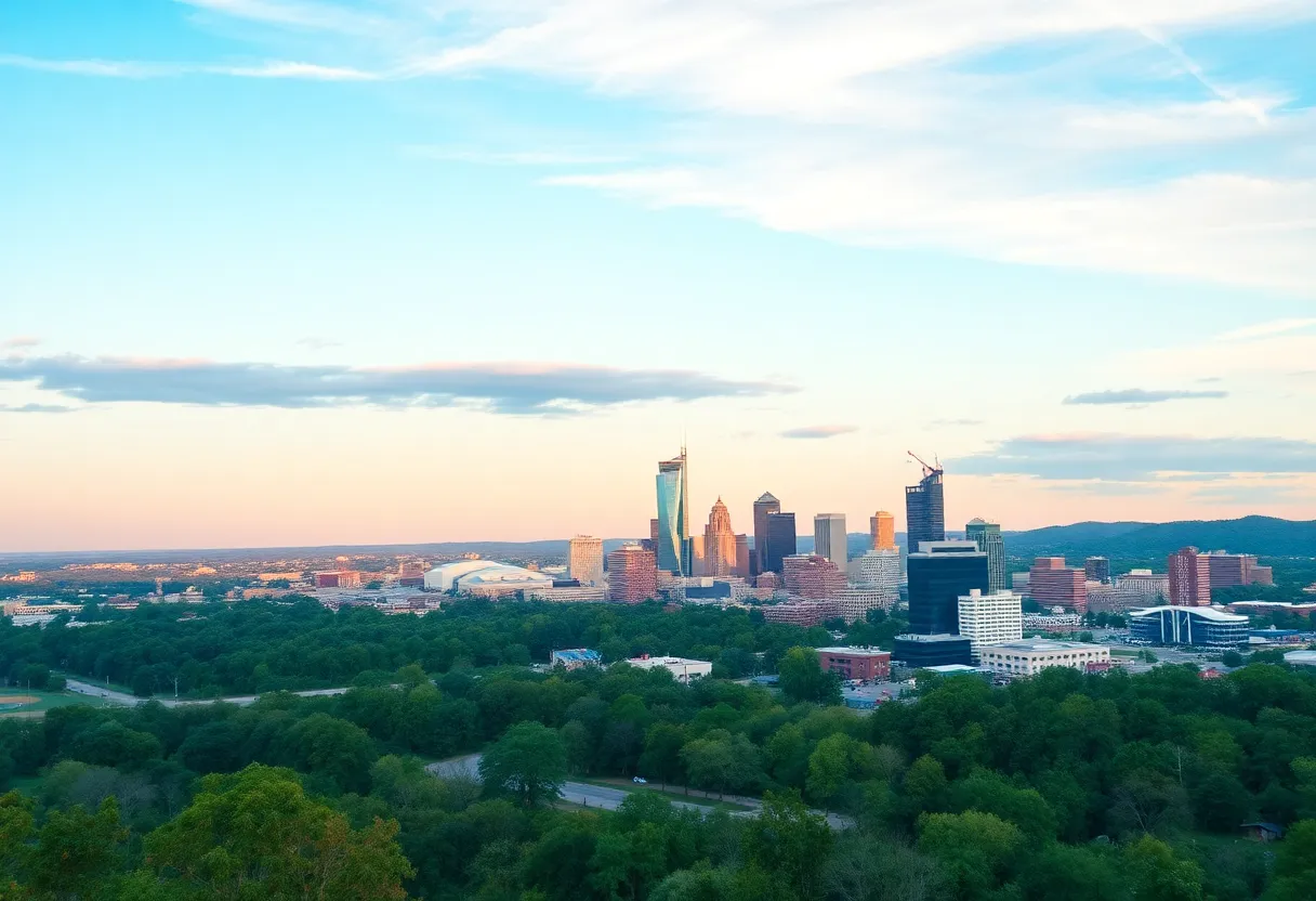 Panoramic view of Huntsville Alabama skyline with natural surroundings