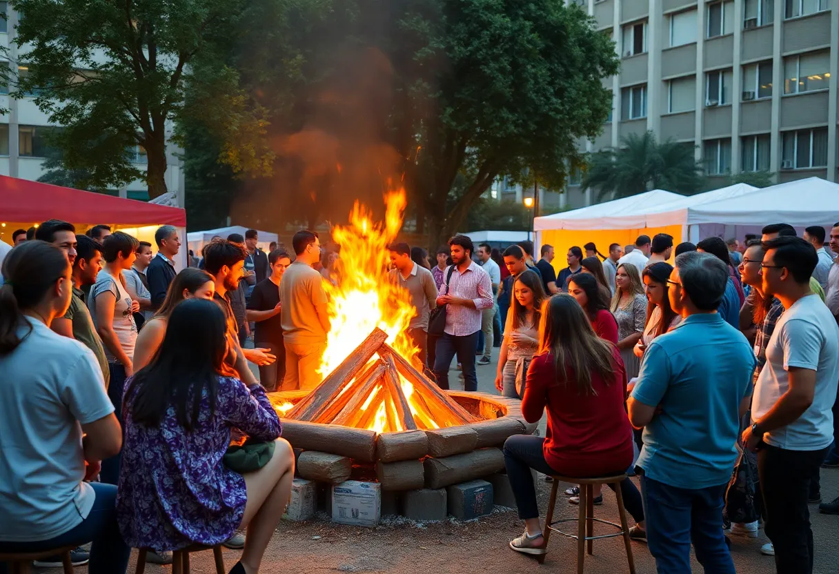 People socializing at the Huntsville tech event with outdoor heaters
