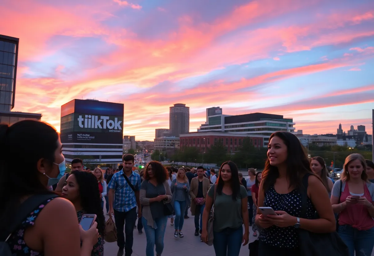 Huntsville city skyline with residents socializing about TikTok