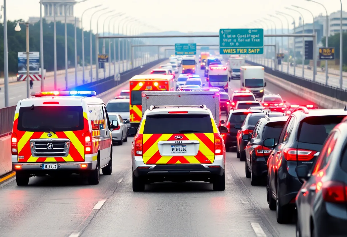 Traffic jam on I-565 due to an accident with emergency responders present