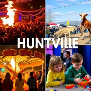 Crowd enjoying events in Huntsville with fire dancers and LEGO activities