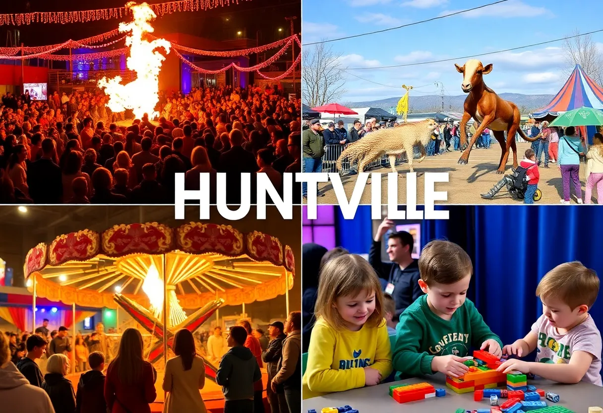 Crowd enjoying events in Huntsville with fire dancers and LEGO activities