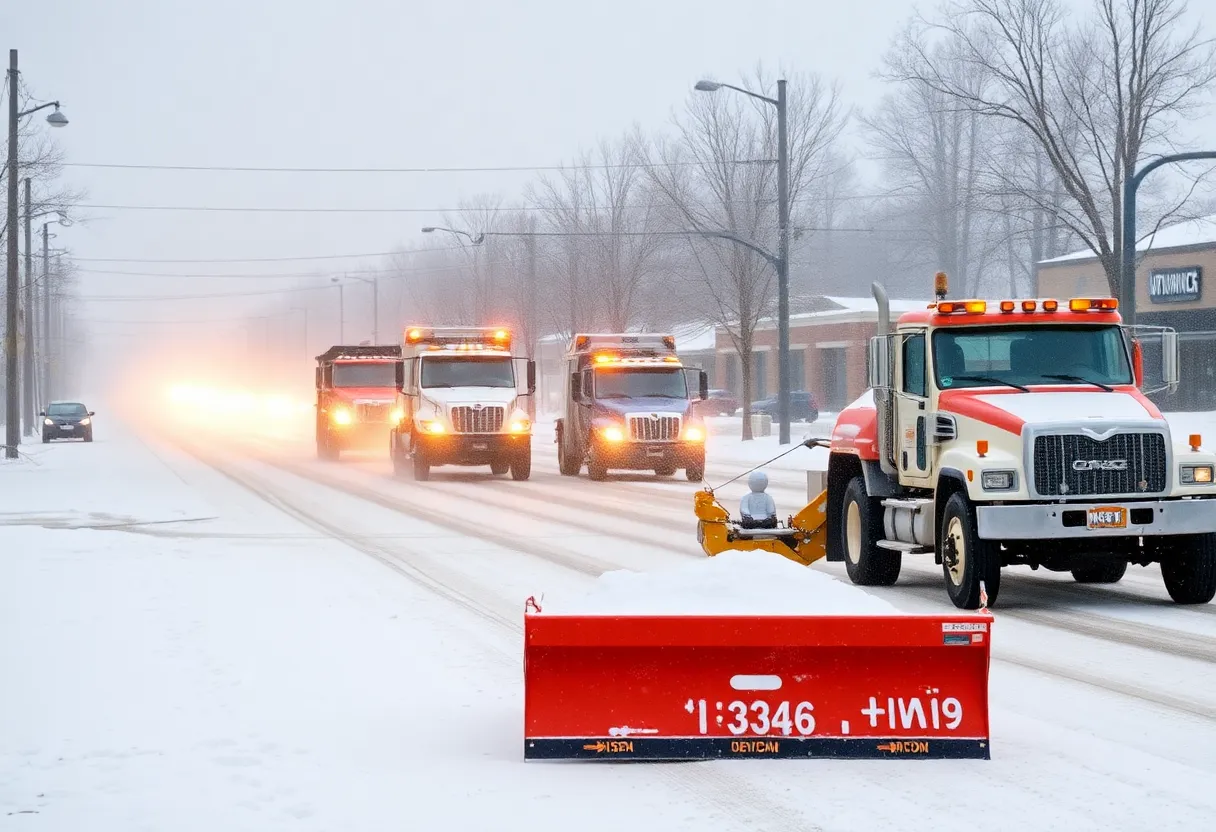 City trucks equipped with snow plows and roads covered in snow in Huntsville.