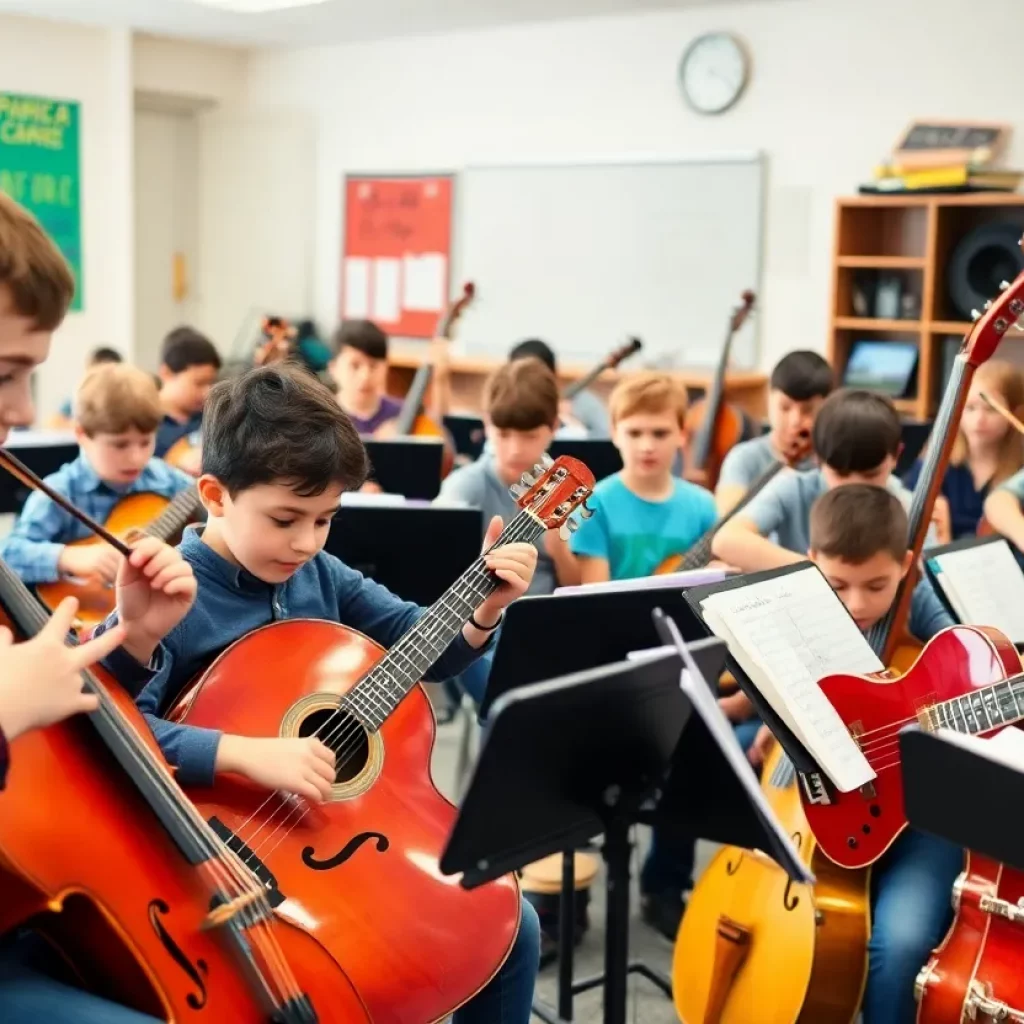 Young musicians in a music classroom engaged in learning.