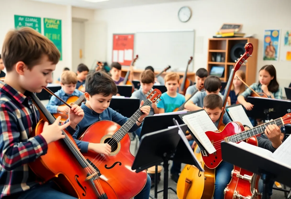 Young musicians in a music classroom engaged in learning.