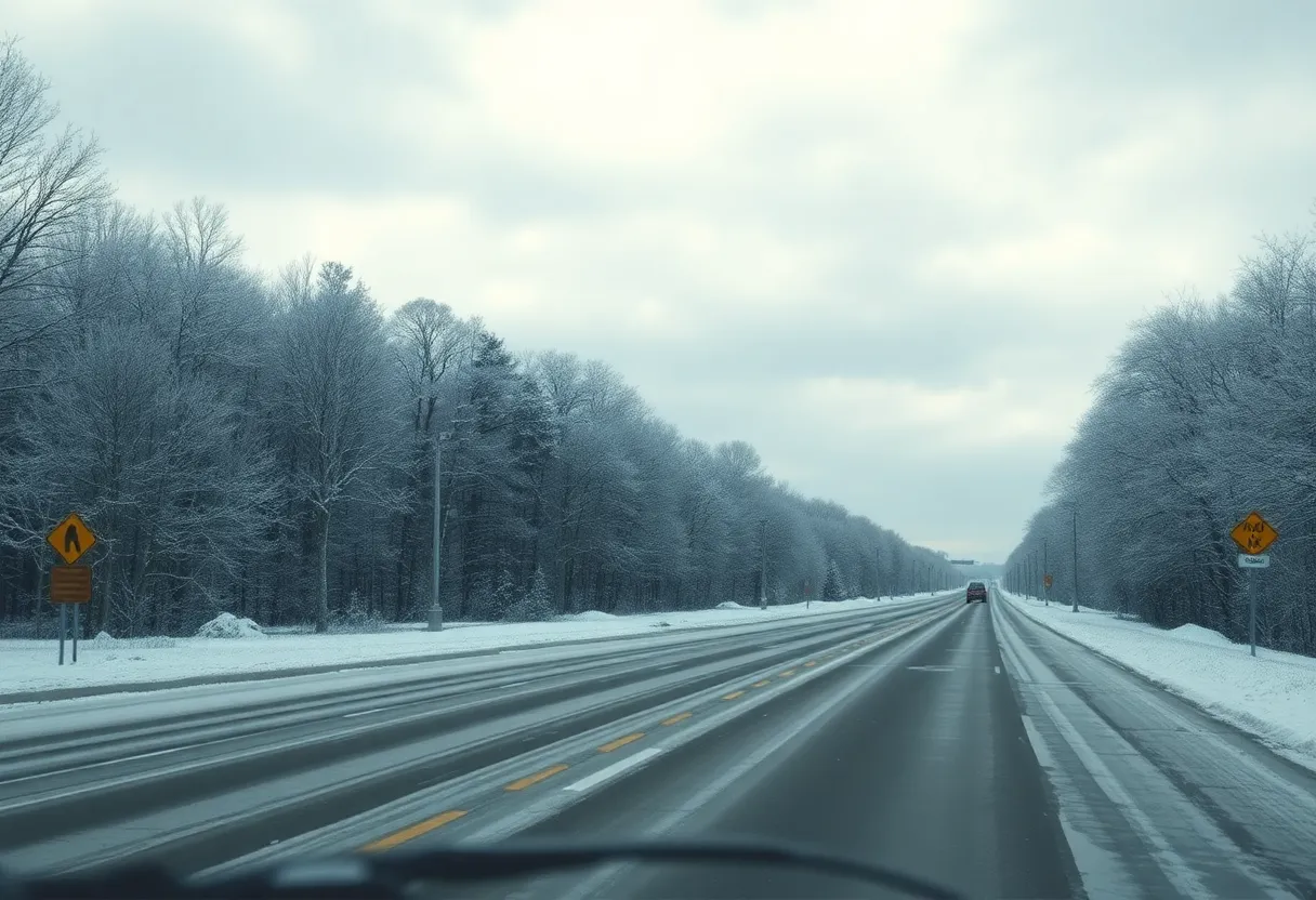 Icy and snowy landscape in Alabama with warning signs.
