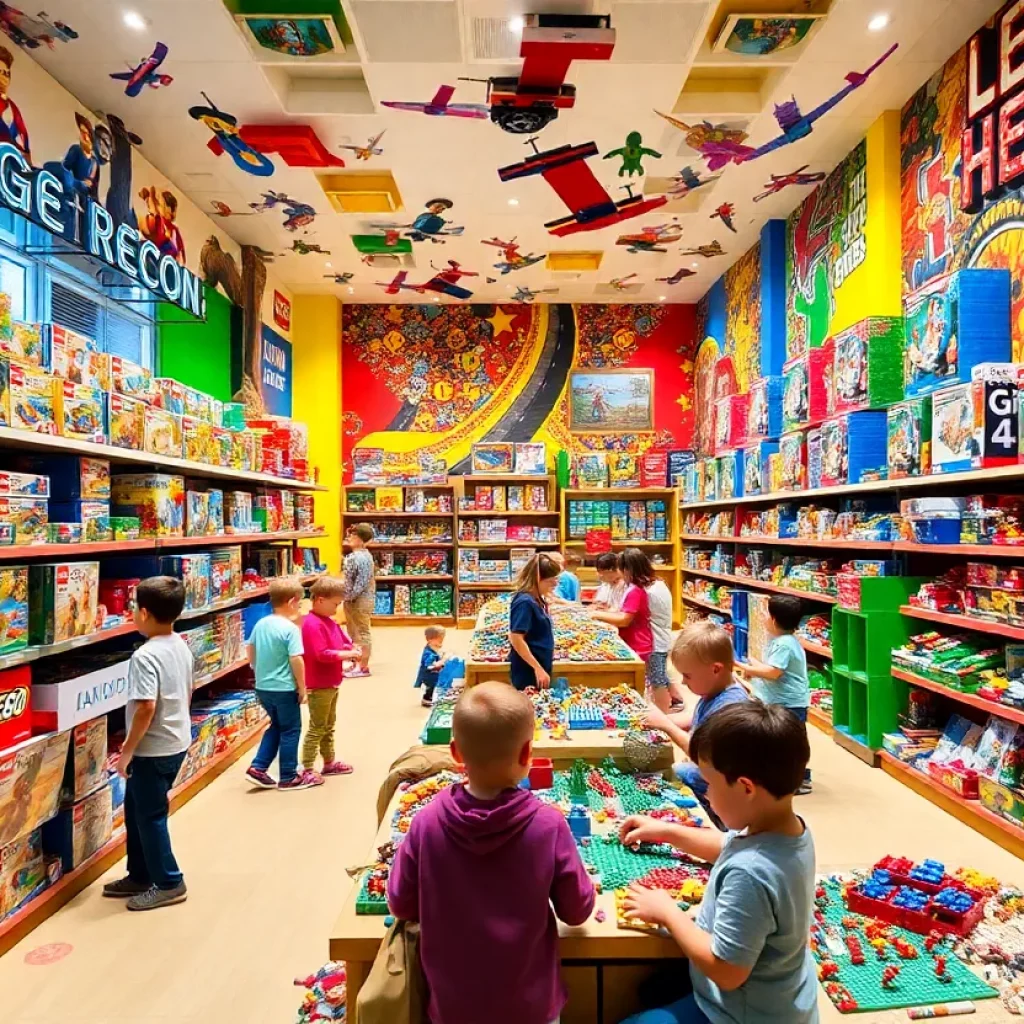 Interior view of the new LEGO store in Huntsville, with colorful displays of LEGO sets and children playing.