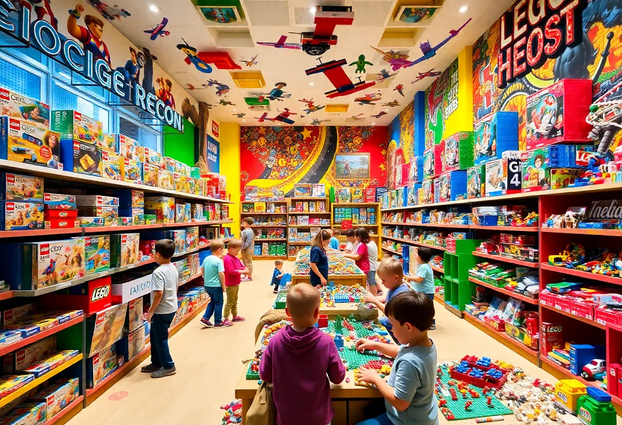 Interior of the new LEGO Store in Huntsville, featuring colorful displays and interactive stations.